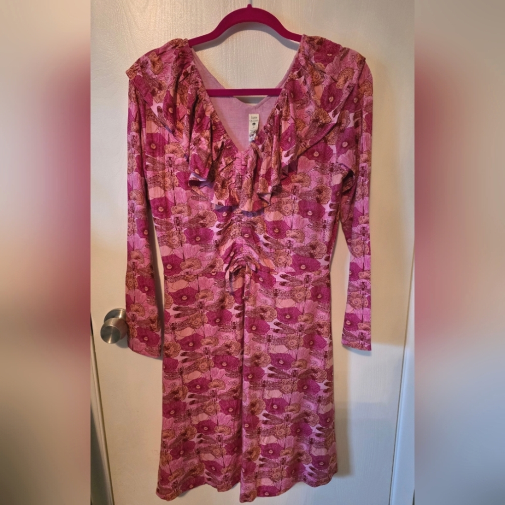 Kate Quinn Dragonfly Pink Floral Long Sleeve Ruffle Dress M NWT